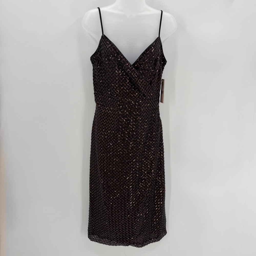 Nanette Lepore Dress Womens 6 Black Copper Sequin Wrap Midi Cocktail Party Glam